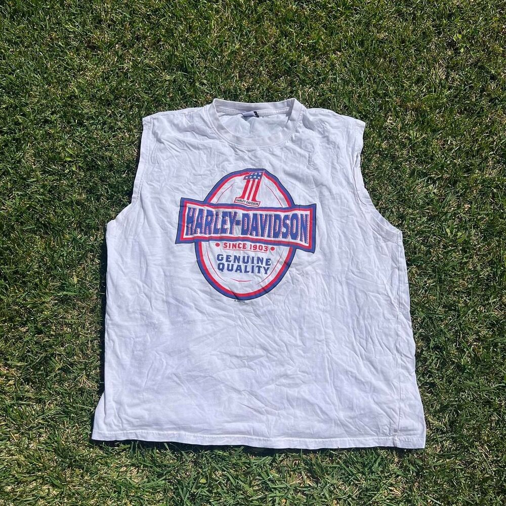 Harley Davidson white tank top with blue & red logo #bikerstyle #motorcycle 3xl